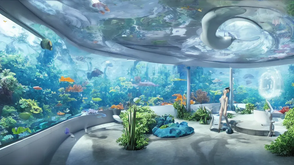 Prompt: a wide angle, utopian dreamy retrofuturistic aquarium observation room, wabi - sabi, white smooth glossy plastic walls, windows to underwater aquatic views, by vincent callebaut and james jean and nikita replyanski and mark ryden, vray render 4 k
