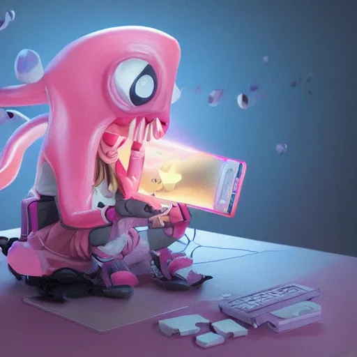 Image similar to a cute pink squid sitting playing videogames, digital art, trending on artstation, cgsociety, octane render, RPG portrait, dynamic lighting, hyperrealistic