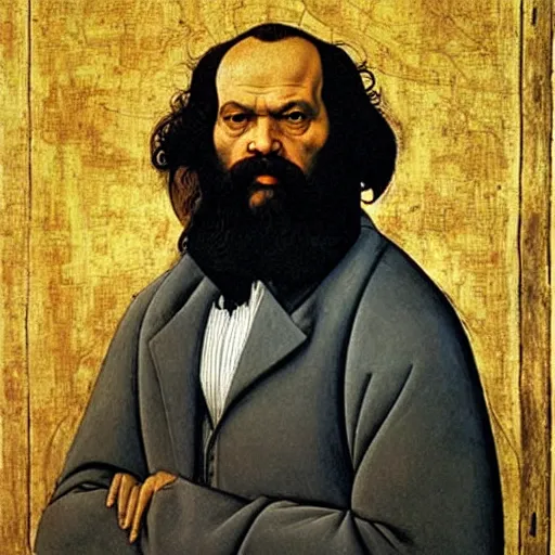 Image similar to beautiful renaissance painting portrait of karl marx by sandro botticelli, jan van eyck, tiziano vecelli, piero della francesca