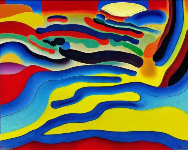 Image similar to A wild, insane, modernist landscape painting. Wild energy patterns rippling in all directions. Curves, organic, zig-zags. Saturated color. Mountains. Clouds. Rushing water. Wayne Thiebaud. Kandinsky.