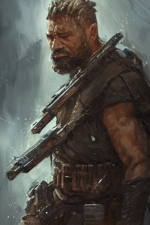 Image similar to portrait of a man by greg rutkowski, old bounty hanter, samoan features, tall and muscular, epic beard, star wars expanded universe, he is about 4 0 years old, wearing tactical gear.