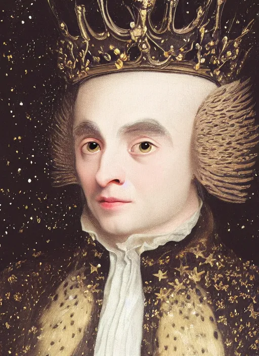Image similar to close-up portrait of anthropomorphic owl Prince, man with a head of barn owl, glowing eyes, in a crown, wearing long royal robe, lilac, silver, black, bokeh, blurred space, stars, dreamy, romantic, painting in the museum, highly detailed, sharp focus, digital painting, artwork, by John James Audubon by Victor Adame Minguez by Yuumei by Tom Lovell by Sandro Botticelli