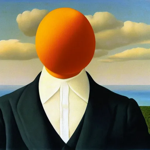 Image similar to the son of man but with an orange instead of an apple, painting by rene magritte, high detail, high resolution