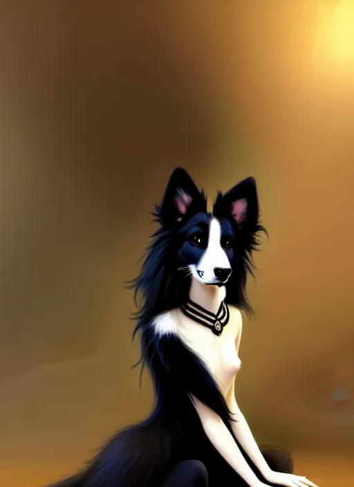 Image similar to wide angle beautiful full body portrait of a cute male anthropomorphic anthro border collie fursona wearing a black dress and sitting in a parlor room, character design by charlie bowater, henry asencio, and ross tran, furry art, furaffinity, beautiful, glamor pose, detailed, aesthetic, trending on artstation