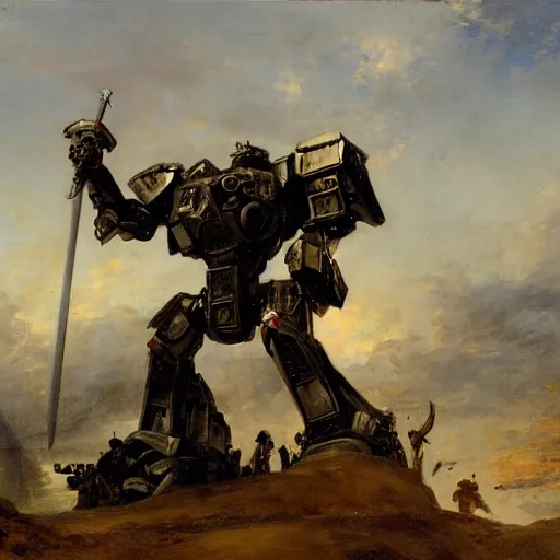 Prompt: A giant mech suit of armor swings its sword, by Emanuel Leutze