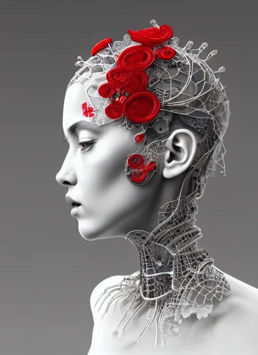 Image similar to complex 3d render ultra detailed of a beautiful porcelain profile young woman face, mechanical cyborg, 200 mm lens, beautiful studio soft light, rim light, silver gold red details, magnolia big leaves and stems, roots, fine foliage lace, mesh wire, Alexander Mcqueen high fashion haute couture, art nouveau fashion embroidered, intricate details, hyper realistic, ultra detailed, mandelbrot fractal, anatomical, facial muscles, cable wires, microchip, elegant, octane render, H.R. Giger style, 8k post-production