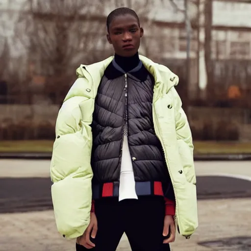 Image similar to realistic photoshooting for a new balenciaga lookbook color film photography close up portrait of a beautiful woman model, model wears a puffer jacket, photo in style of tyler mitchell, ssense