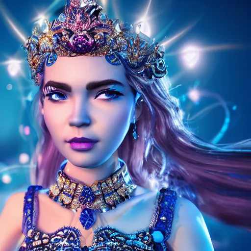 Prompt: photo of wonderful princess of sapphire with fair skin, she has her eyes closed, glowing, ornate and intricate blue jewelry, jaw dropping beauty, glowing background lighting, blue accent lighting, photorealistic, hyper detailed, award winning photography, 4 k octane render