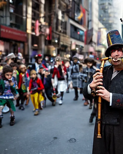 Image similar to mysterious man dressed as the pied piper of hamelin plays his cane pipe, as thousands of children march behind him thru the streets of downtown nyc, cinematic, supernatural, bokeh