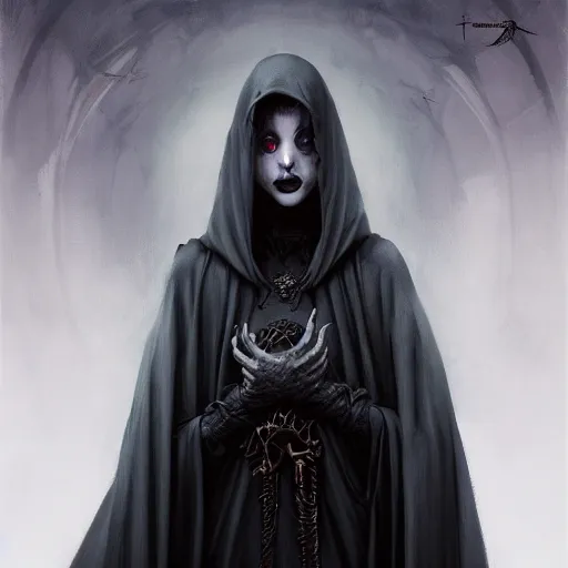 Image similar to dark cloaked necromancer, by tom bagshaw and craig davison and guy denning and harumi hironaka, trending on artstation hq, deviantart, pinterest, 4 k uhd image