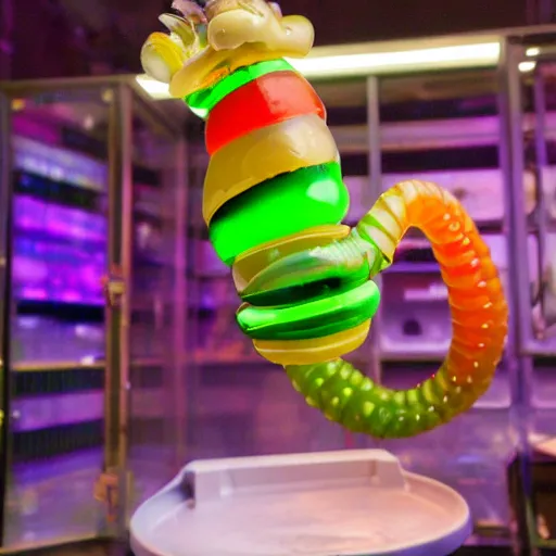 Image similar to a futuristic robotic gummi worm. dramatic product lighting. it's a gummi with extra juiciness. but it's also a worm. ick. in a magical side alley, the worm is on display in a trendy food truck display. digital reality.