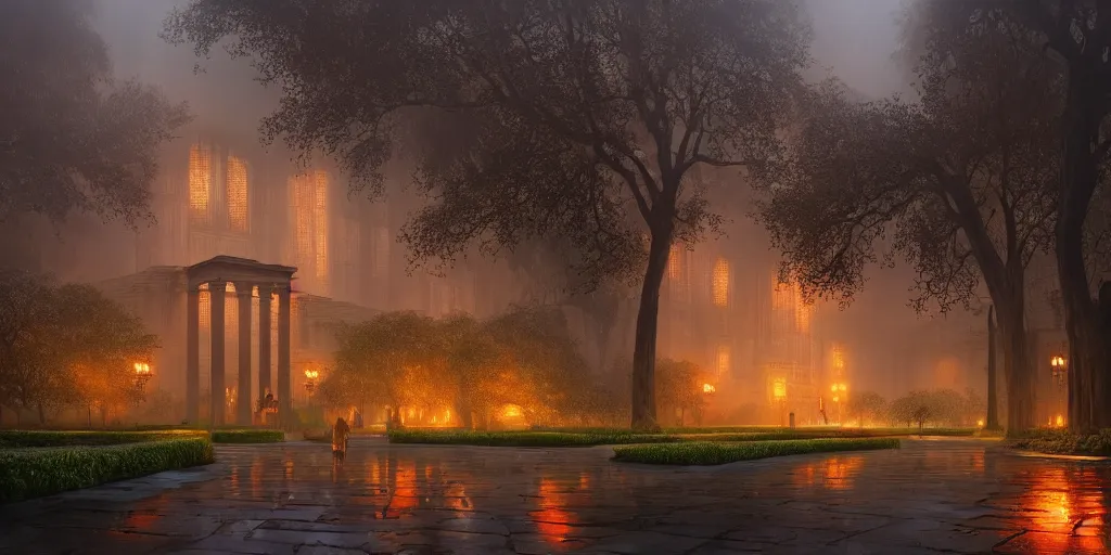 Image similar to beautiful render of glorious palace gardens, by lee madgwick and hubert robert, blade runner style, orange glow, vivid color, moody lighting, unreal engine, foggy
