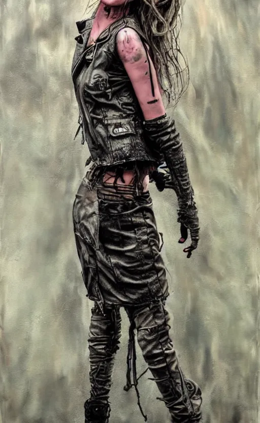 Image similar to acid rain effect, punk rock girl, mad max jacket, post apocalyptic, renaissance, cables on her body, hyper realistic style, oil painting, fantasy by Olga Fedorova