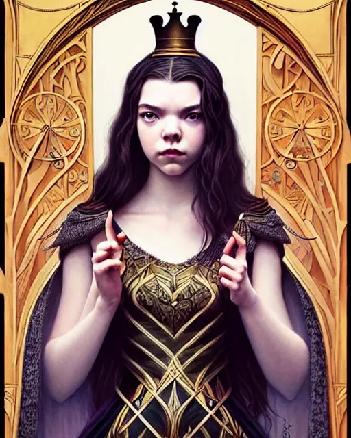 Image similar to twenty year old anya taylor - joy ( queen's gambit ) as a chess queen, art nouveau, fantasy, intricate, elegant, highly detailed, sharp focus, art by artgerm and greg rutkowski and wlop