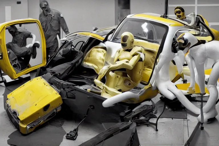 Prompt: A society where crash test dummies are sentient and live ordinary lives