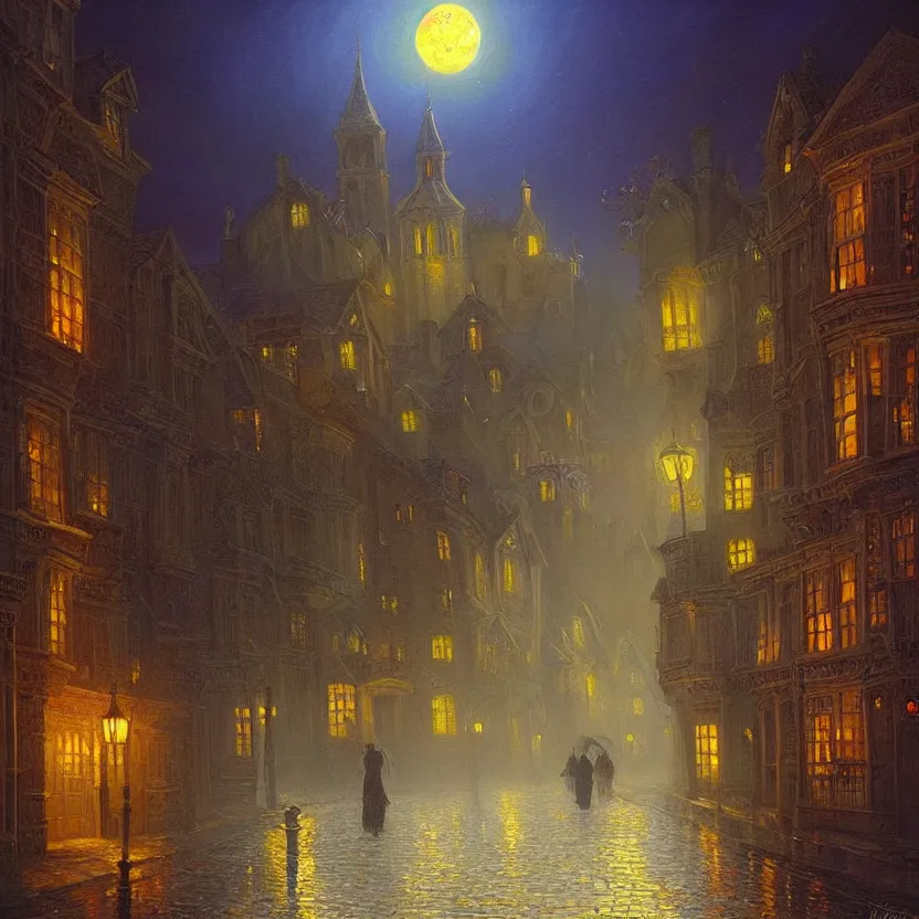 Prompt: beautiful painting of old London street scene spooky dark fog in the moonlight fantasy mystical Victor Nizovtsev