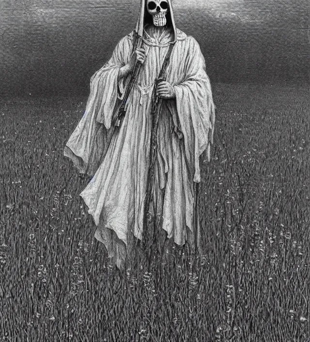 Image similar to grim reaper with no face at distance in beautiful meadow of flowers, detailed pencil illustration by gustave dore, highly detailed, centered, high resolution, smooth, sharp focus, illustration