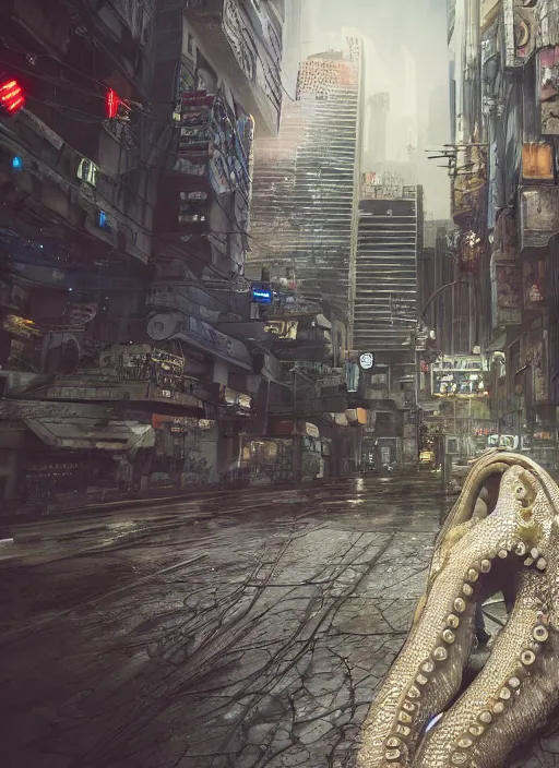 Image similar to hyperrealism, detailed textures, photorealistic 3 d cyberpunk octopus in apocalyptic city, futuristic clothing and helmet, ultra realistic, cinematic, intricate, cinematic light, unreal engine 8 k, octane render, unreal engine