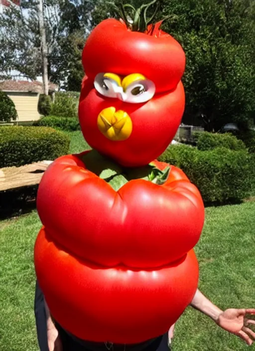 Image similar to jeff goldblum dressed up in a tomato costume