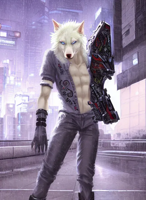 Image similar to character portrait of a male anthro albino wolf fursona with a tail and a cute beautiful attractive detailed furry face wearing stylish cyberpunk pants and boots, no shirt in a cyberpunk city at night while it rains. hidari, color page, tankoban, 4K, tone mapping, Akihiko Yoshida.