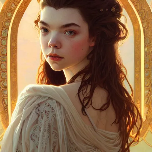 Prompt: beautiful natural Anya Taylor-Joy, intricate, elegant, highly detailed, digital painting, artstation, concept art, smooth, sharp focus, illustration, art by artgerm and greg rutkowski and alphonse mucha and loish and WLOP