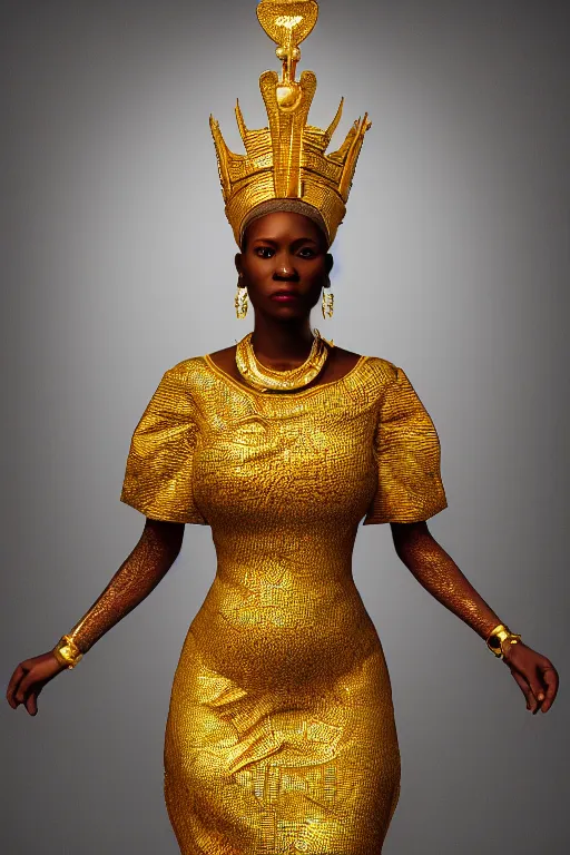 Image similar to a photorealistic portraitof a detailed african queen wearing a golden dress during her coronation worship, tarot, religious, backlit, hyperrealistic, ultrawide angle, smooth, texture, intricate, fantasy, trending on artstation, volumetric lighting, hyperdetailed, 3 d sculpture, unreal engine