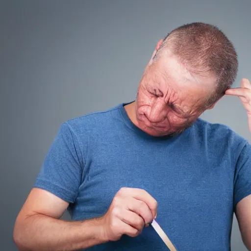 Image similar to visibly sad crying man pinching a ruler, high resolution photo, measuring stick