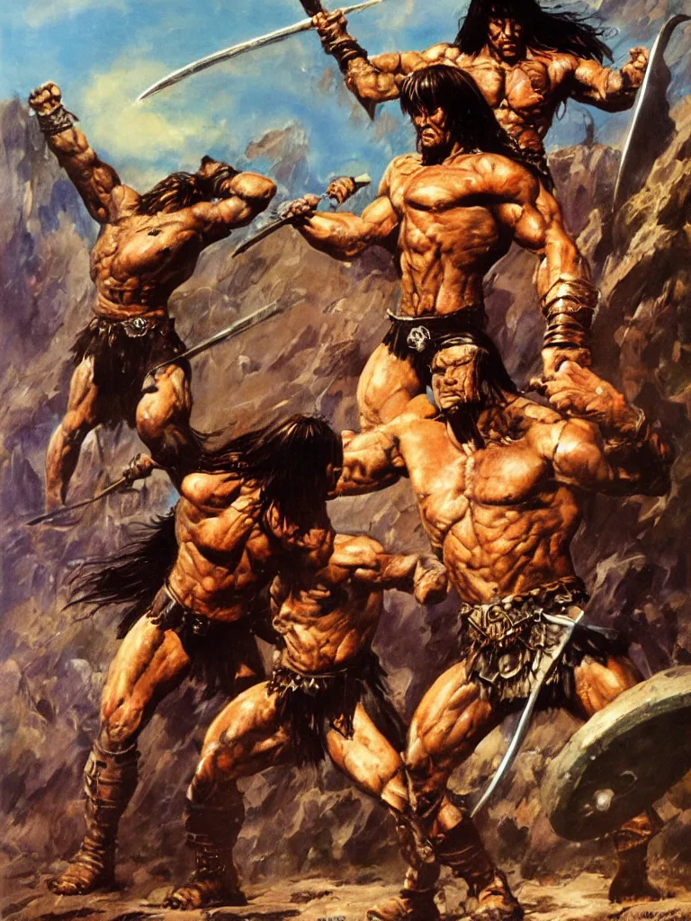 Prompt: Conan the Barbarian in battle by Frank Frazetta, oil painting, detailed, proportional, trending on art station, 4k