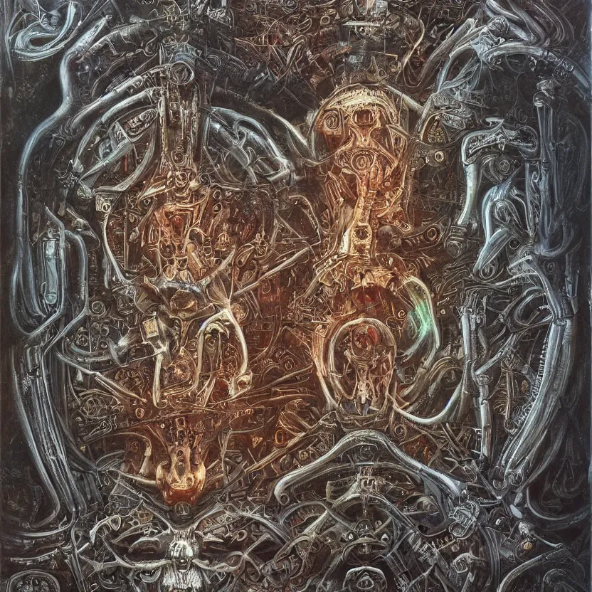 Image similar to biomechanical kali yantra, volumetric shadows and lighting, psychedelic colors, realistic oil painting by h. r. giger,