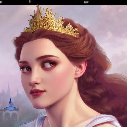 Image similar to beautiful young princess cinderella, closeup, palace background, d & d, fantasy, elegant, highly detailed, digital painting, artstation, concept art, matte, sharp focus, illustration, art by artgerm and greg rutkowski and alphonse mucha