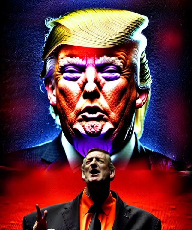 Prompt: hyperrealistic mixed media painting of Donald Trump as a crazy rock star, dimly lit arena, stunning 3d render inspired art by P. Craig Russell and Barry Windsor-Smith + perfect facial symmetry + dim volumetric lighting, 8k octane beautifully detailed render, post-processing, extremely hyperdetailed, intricate, epic composition, grim yet sparkling atmosphere, cinematic lighting + masterpiece, trending on artstation, very very detailed, masterpiece, stunning