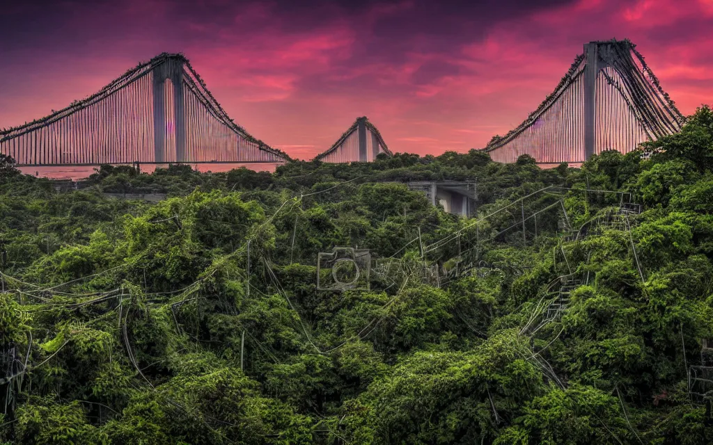 Prompt: dystopian photo of the verrazano bridge destroyed and overgrown with jungle ruins and vines at sunset, scenic cinematic landscape dystopian, photoreal