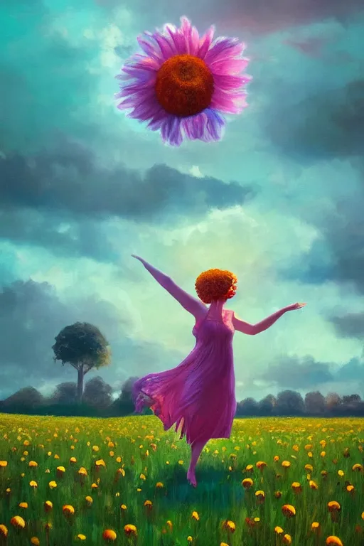 Image similar to giant daisy flower as head, girl dancing in a flower field, surreal photography, sunrise, dramatic light, impressionist painting, colorful clouds, digital painting, artstation, simon stalenhag