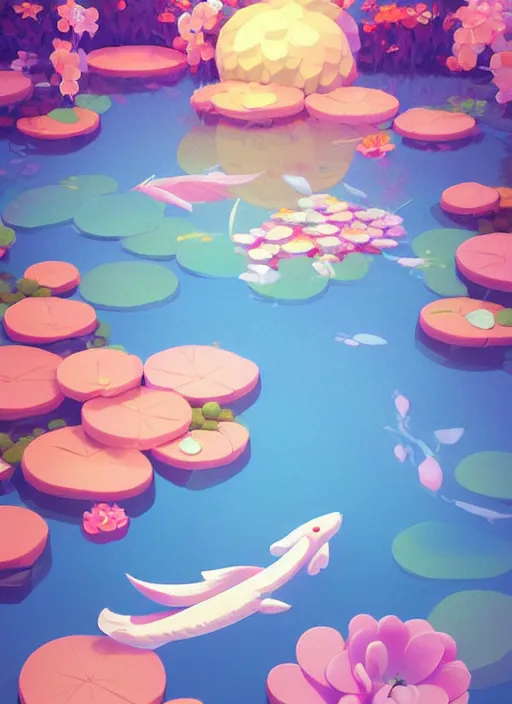 Prompt: pastel cute voxel art of a koi pond, behance, artstation, cute, Japanese, 3d render, unity, beautiful lighting, extremely beautiful, Huang Guangjian and Gil Elvgren and Sachin Teng , Greg Manchess