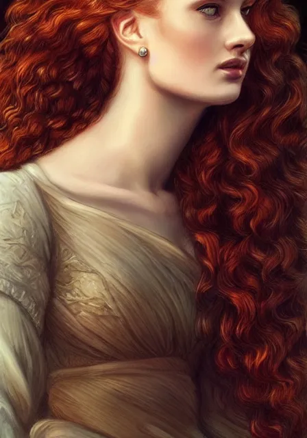 Image similar to sansa portrait in profile with a complex hairstyle with lots of curls, intricate, elegant, highly detailed, digital painting, artstation, concept art, smooth, sharp focus, illustration, pre - raphaelite style