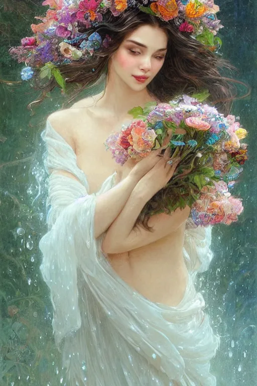 Image similar to portrait of a beautiful mysterious woman holding a bouquet of flowing flowers, wet dripping long hair, hands hidden under the bouquet, emerging from the water, fantasy, regal, intricate, by stanley artgerm lau, greg rutkowski, thomas kindkade, alphonse mucha, loish, norman rockwell