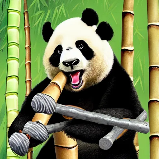Image similar to a funny picture of a bodybuilder panda eating a bamboo, curling weights, digital art, high quality, detailed, artstation