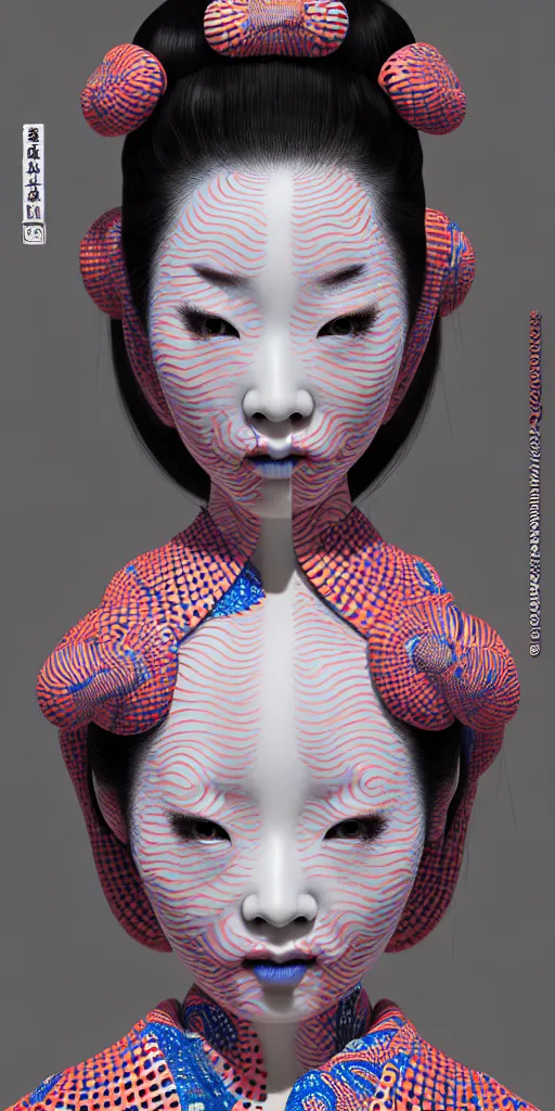 Image similar to hyperrealistic detailed image of a geisha in a art installation room, hd smooth interior by yayoi kusama, part by kei mieno, part by ross tran, dark art by james jean, ultra realistic, highly detailed, life like face, detailed body, 8 k, 3 d render by roger magrini, very cohesive, masterpiece