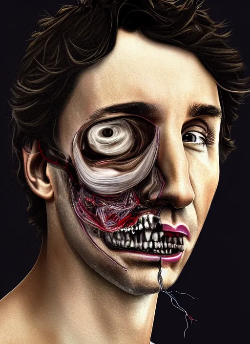 Image similar to a profile portrait of justin trudeau with translucent skin, visible cranial cavity, opening in skull, zipper, inside head cobwebs, dust and rats, digital art, highly detailed, by david cronenberg, raphael, caravaggio