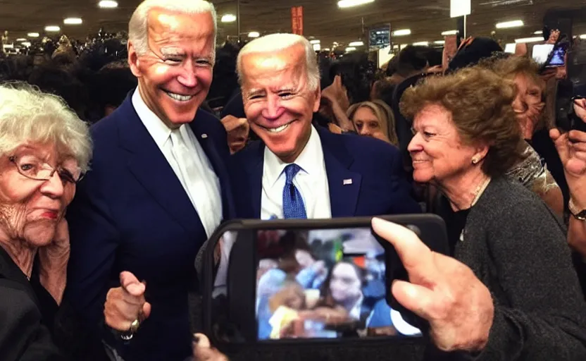 Image similar to this mf joe biden just slapped my grandma and ran, front camera, walmart parking lot, camera flash is so bright, uncomfortable, viral, selfie, viral on twitter, viral on instagram, viral photo