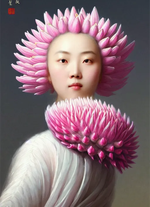 Prompt: stunning chinese princess, detailed pink and white protea head peace against a black backdrop by ivan aivazovsky, wlop, super sharp details, photorealism, 5 0 mm lens, oil painting, beautiful soft lighting, muted colours, artstation