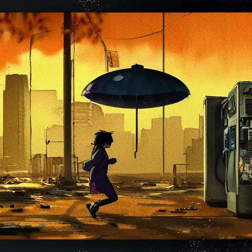 Image similar to incredible wide screenshot, ultrawide, simple watercolor, rough paper texture, ghost in the shell movie scene, backlit distant shot of girl in a parka running from a giant robot invasion side view, yellow parasol in deserted dusty shinjuku junk town, broken vending machines, bold graphic graffiti, old pawn shop, bright sun bleached ground, mud, fog, dust, windy, scary robot monster lurks in the background, ghost mask, teeth, animatronic, black smoke, pale beige sky, junk tv, texture, brown mud, dust, tangled overhead wires, telephone pole, dusty, dry, pencil marks, genius party,shinjuku, koji morimoto, katsuya terada, masamune shirow, tatsuyuki tanaka hd, 4k, remaster, dynamic camera angle, deep 3 point perspective, fish eye, dynamic scene