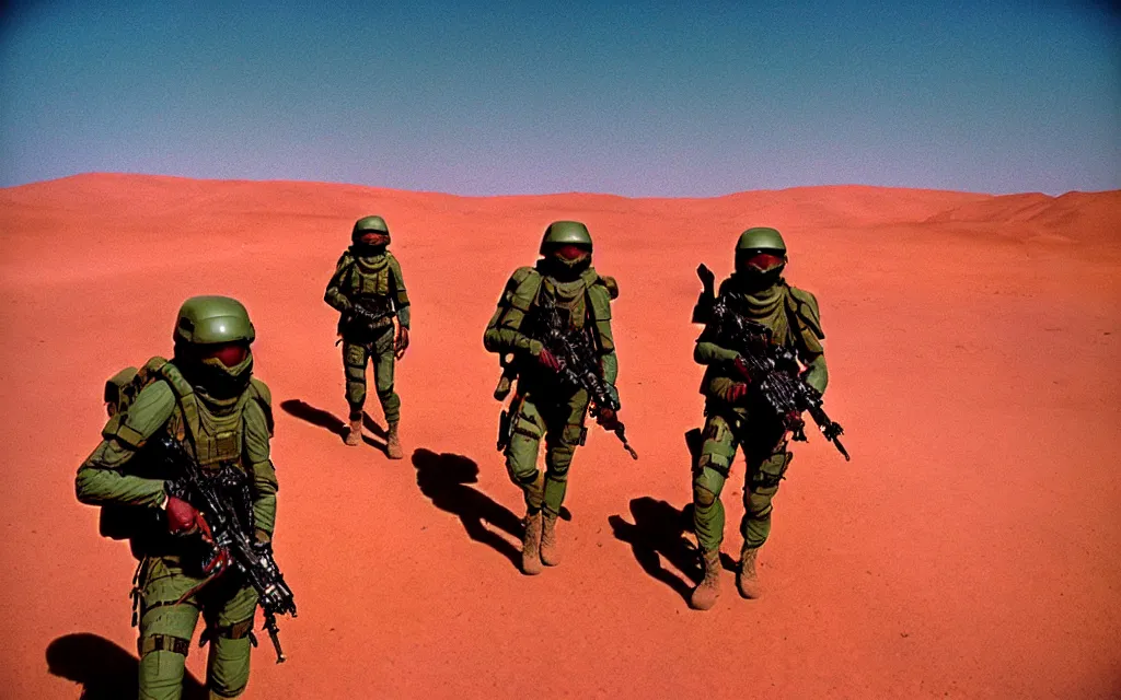 Image similar to in a dusty red desert, a team of five swat future soldiers in dark green tactical gear like death stranding and halo hike. They 're afraid. mid day, heat shimmering, color, 35mm film photography, lawrence of arabia