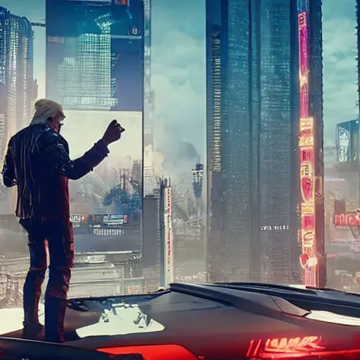 Prompt: trump as a leader to an evil corporation in cyberpunk 2 0 7 7, technological, movie footage, high - tech, still frame