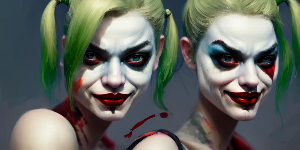 Image similar to ultra detailed close up facial portrait of harley quinn, green eyes, sharp bone structure, extremely detailed digital painting, in the style of fenghua zhong and ruan jia and jeremy lipking and peter mohrbacher, mystical colors, rim light, beautiful lighting, 8 k, stunning scene, raytracing, octane, trending on artstation