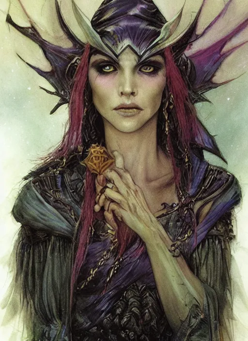 Image similar to portrait of young female sorceress of the endtimes, beautiful! coherent! dungeons and dragons character, by brian froud, strong line, cool night color, high contrast