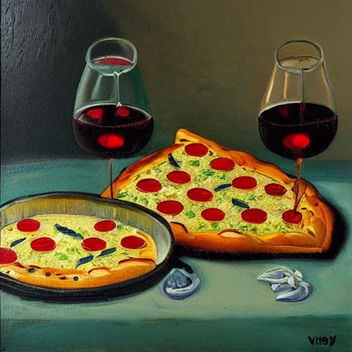 Prompt: oil painting of a still life with a pizza and wine, in the style of Vincent van Gogh,