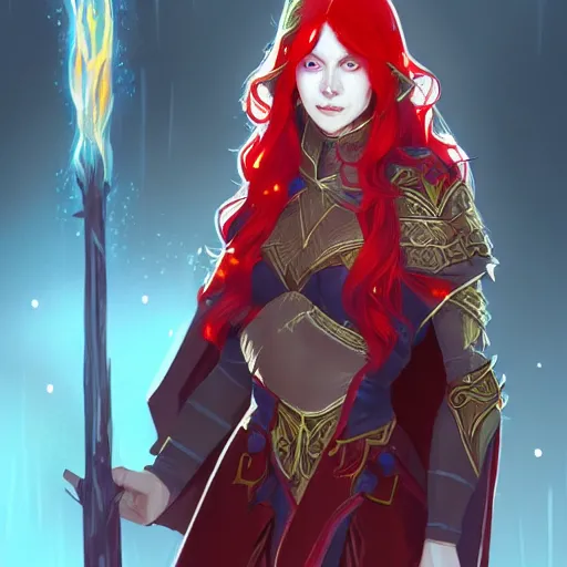 Image similar to a female elven cleric with red long hair, very good beautiful heavy scale armor, wearing a cape, casting a fire spell, magical, bright, colorful, fantastic lighting, amazing details, 4 k uhd, illustration by stephanie brown and mingchen shen and ilya kuvshinov, artstation, pixiv, concept art,