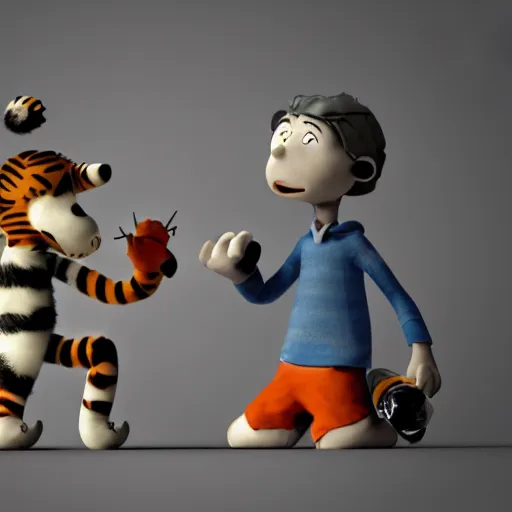 Image similar to calvin and hobbes as depressed and homeless adults on crack rock, octane render, scuplture, concept art