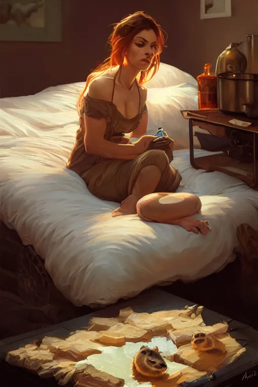 Image similar to groundhog cooking meth lies on the bed, realistic portrait, highly detailed, digital painting, artstation, concept art, smooth, sharp focus, illustration, cinematic lighting, art by artgerm and greg rutkowski and alphonse mucha